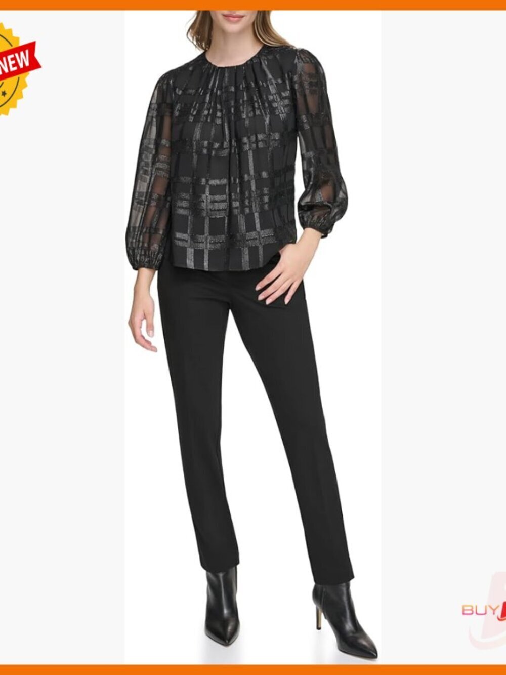 Long Sleeve Metallic Windowpane Blouse, Regular Fit, Cotton Blend